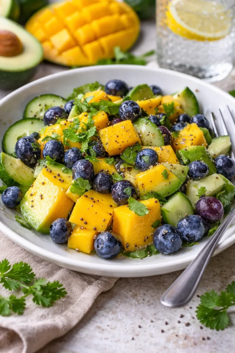 Mango Gurkensalat mit Heidelbeeren und Avocado auf einem dekorativen Teller