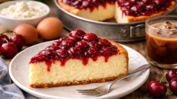 Mehlfreie Auflaufform mit frischen Sauerkirschen in einer Backform