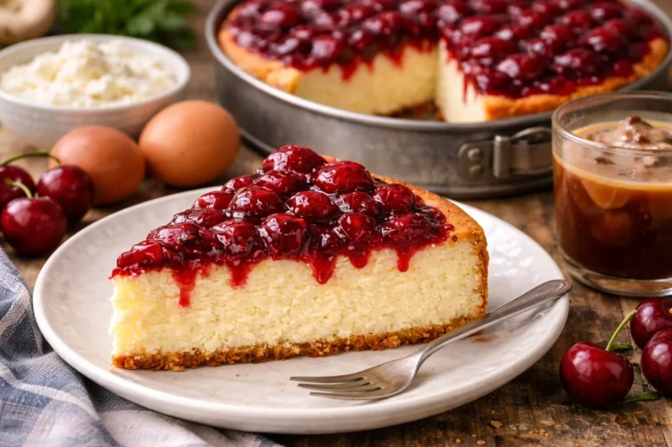 Mehlfreie Auflaufform mit frischen Sauerkirschen in einer Backform