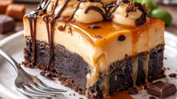 Leckere Milky Way Karamell-Käsekuchen-Brownies auf einem Teller