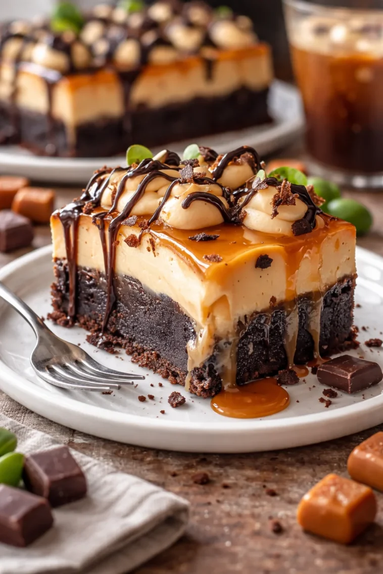 Leckere Milky Way Karamell-Käsekuchen-Brownies auf einem Teller