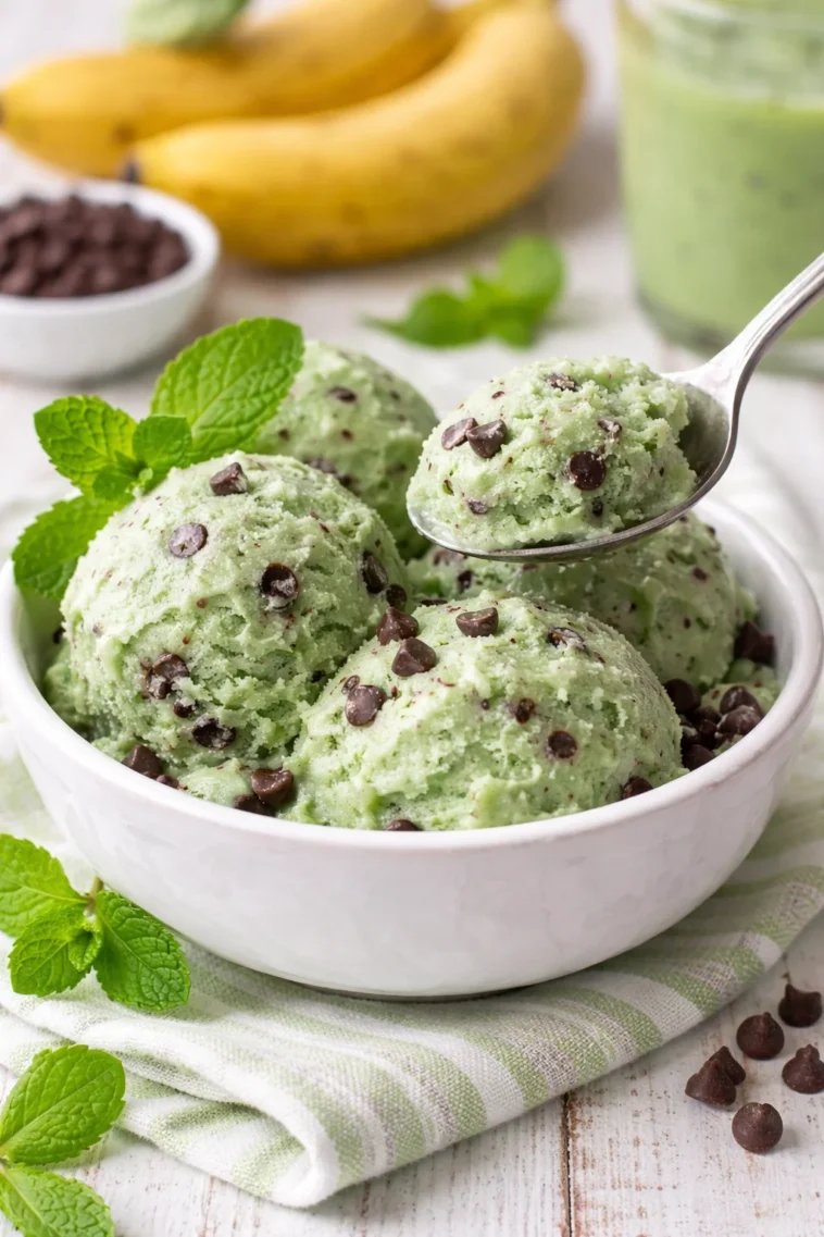Minz-Schokoladen-Chip-Bananeneis in einer Schüssel mit frischen Zutaten