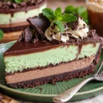 Leckere Stücke von Minz-Schokoladen-Käsekuchen auf einem Teller