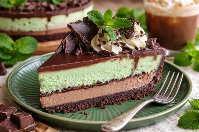 Leckere Stücke von Minz-Schokoladen-Käsekuchen auf einem Teller