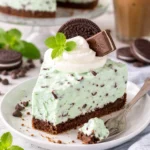 Minz-Schokoladenstückchen No-Bake Käsekuchen auf einem Teller