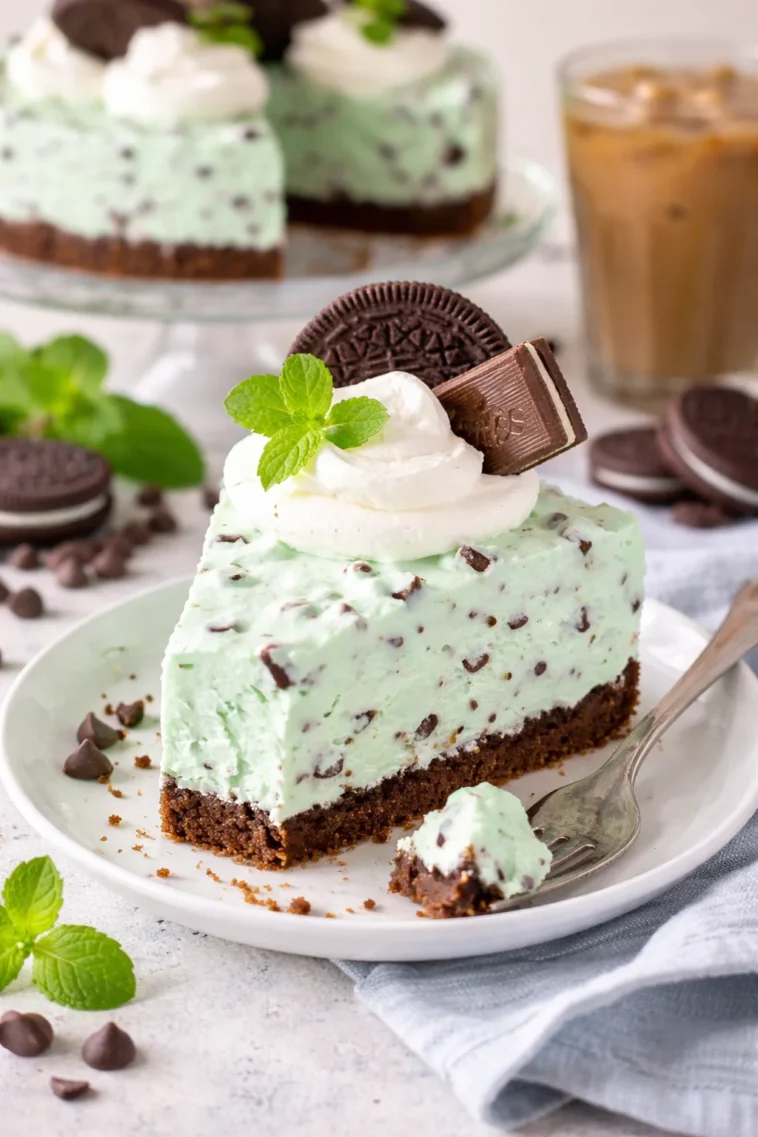 Minz-Schokoladenstückchen No-Bake Käsekuchen auf einem Teller