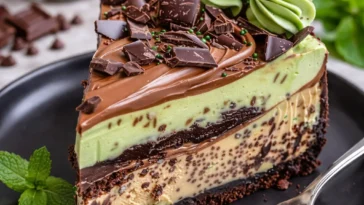 Minze Schokoladen Fudge Käsekuchen mit knackigem Mintgeschmack und schokoladiger Cremefarbe