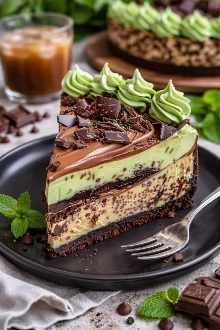 Minze Schokoladen Fudge Käsekuchen mit knackigem Mintgeschmack und schokoladiger Cremefarbe
