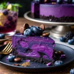 Mitternachtskäsekuchen mit Heidelbeer-Lavendel-Schicht auf einem Teller