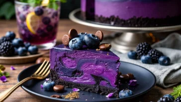 Mitternachtskäsekuchen mit Heidelbeer-Lavendel-Schicht auf einem Teller