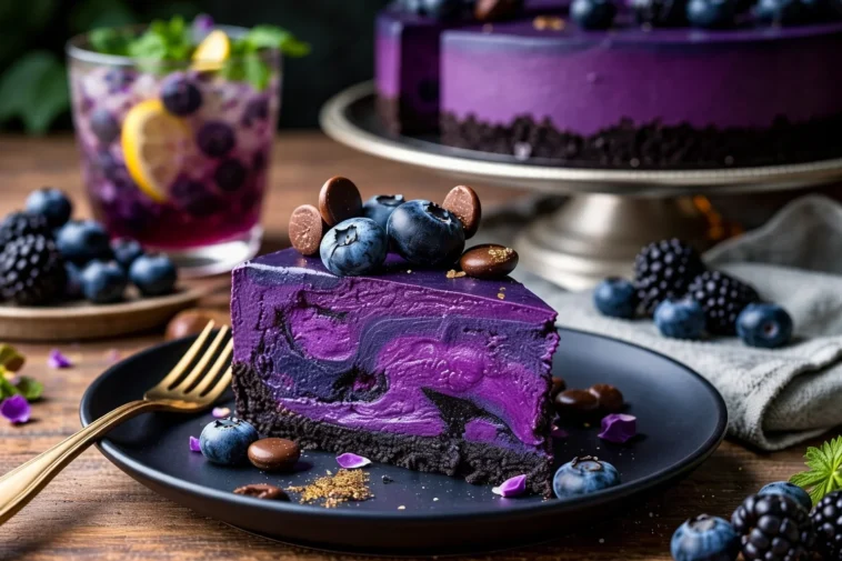 Mitternachtskäsekuchen mit Heidelbeer-Lavendel-Schicht auf einem Teller