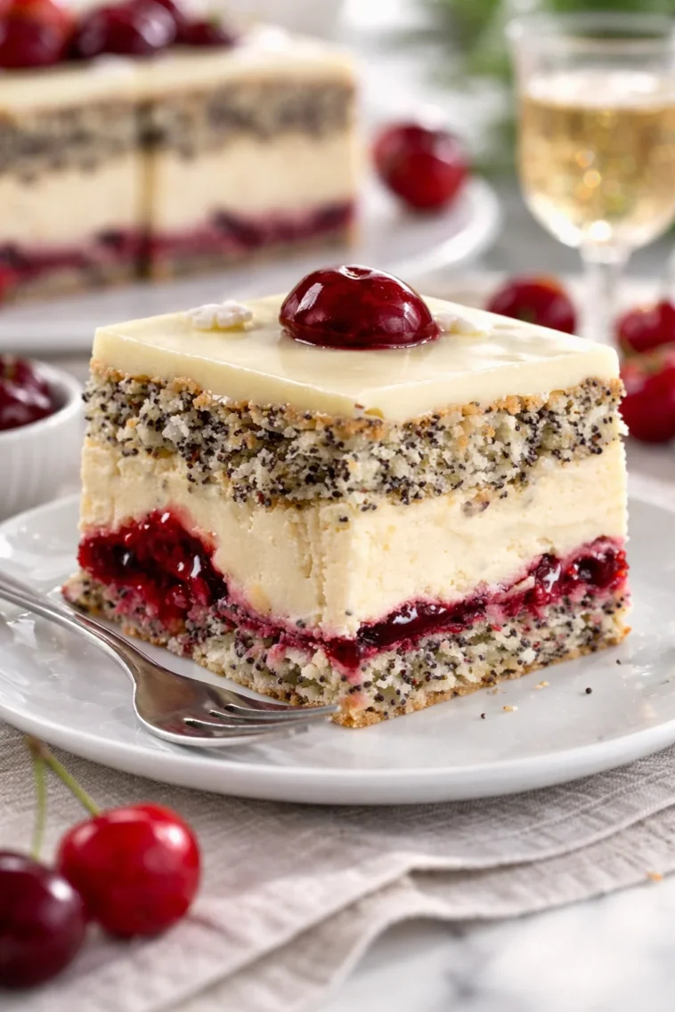 Saftiger Mohn-Kirsch-Kuchen mit frischen Kirschen und Mohnfüllung.
