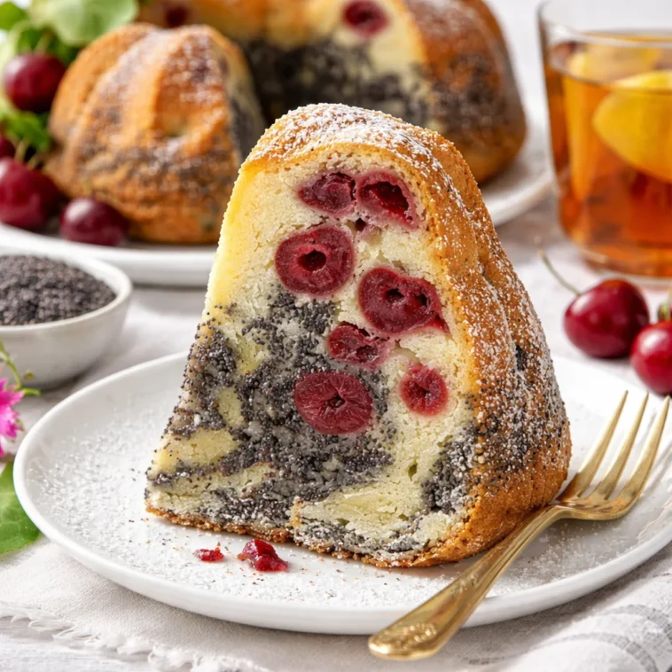 Mohn-Kirsch-Napfkuchen mit saftigen Kirschen und aromatischem Mohn auf einem Teller