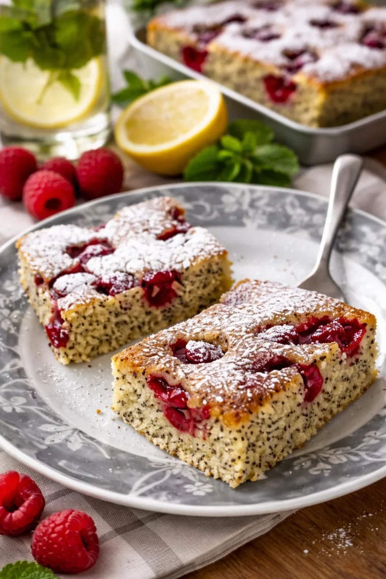 Mohn-Kirschkuchen mit saftigen Kirschen und Mohnfüllung auf einem Teller.