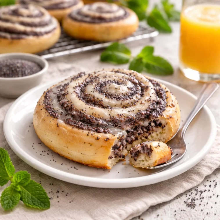 Frisch gebackene Mohnschnecken mit Hefeteig auf einem Teller