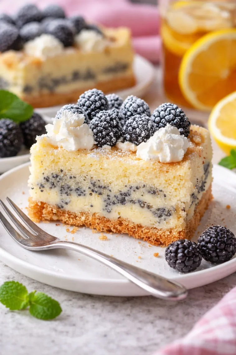 Mohnstreuselkuchen mit Vanille-Quark-Creme auf einem weißen Teller