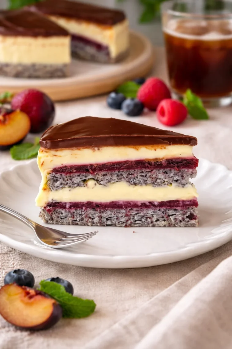 Delikate Mohntorte mit Waldbeeren und Vanillepudding auf einem Teller