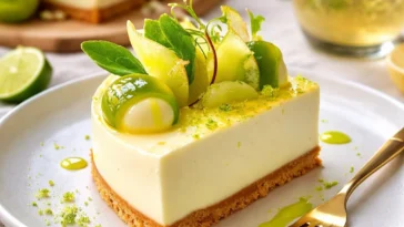 No-Bake Cheesecake mit weißer Schokolade und Limette auf einem Tisch