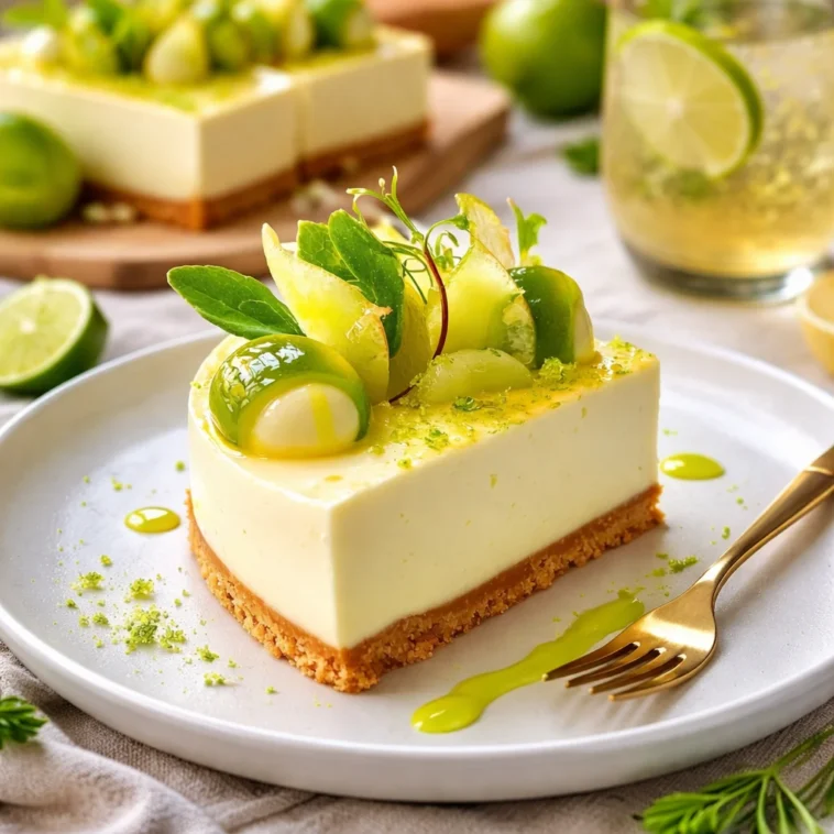 No-Bake Cheesecake mit weißer Schokolade und Limette auf einem Tisch