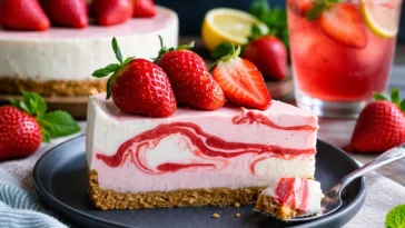 No-Bake Erdbeer-Wirbel-Käsekuchen mit frischen Erdbeeren und Käsekuchenfüllung