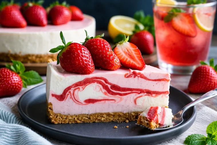 No-Bake Erdbeer-Wirbel-Käsekuchen mit frischen Erdbeeren und Käsekuchenfüllung