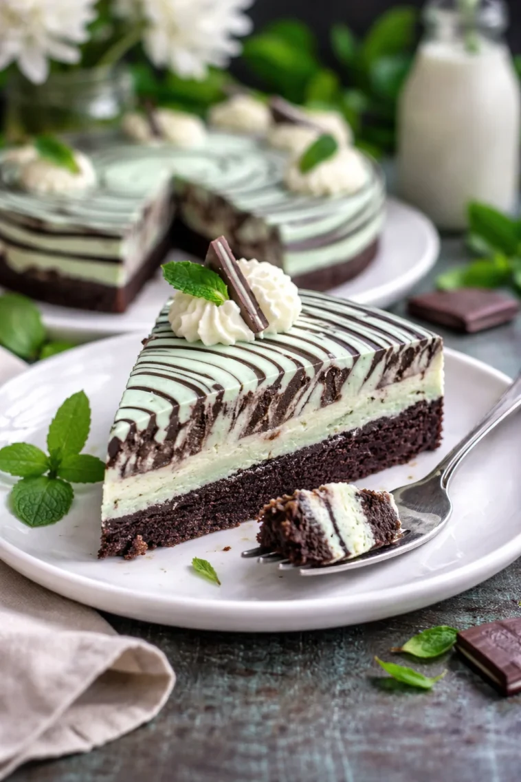 No-Bake Minz-Schokoladen-Zebra-Käsekuchen mit Schichten aus Schokolade und Minze
