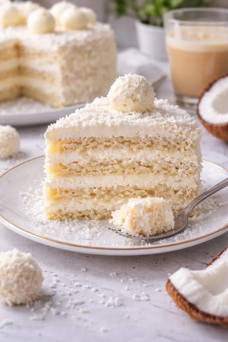 No-Bake Raffaello Kuchen mit Kokosnuss und Mandeln, einfach und lecker