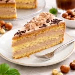 Leckere Nougattorte mit Schokolade und Nüssen auf einem Teller