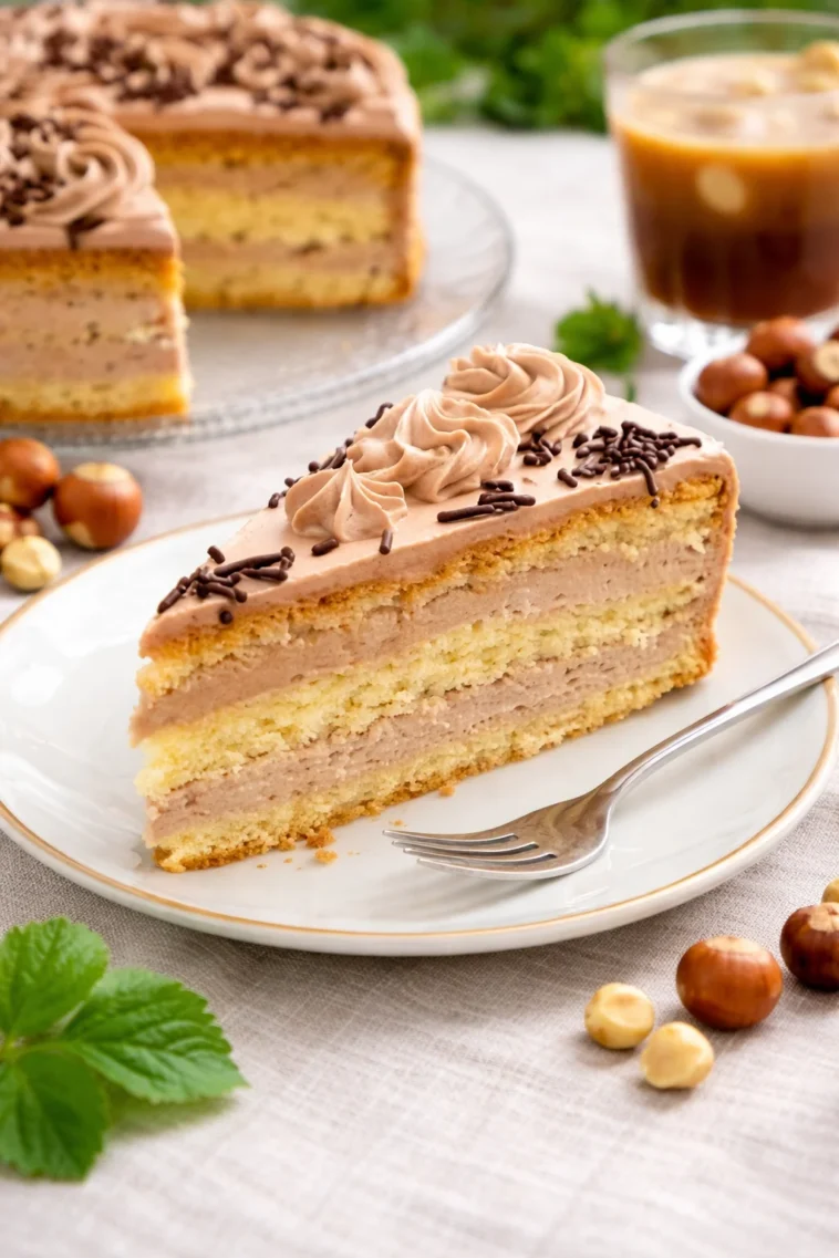 Leckere Nougattorte mit Schokolade und Nüssen auf einem Teller