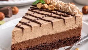 Nuss-Nougat-Torte mit Schokoboden auf einem Teller