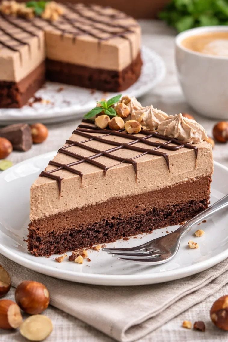 Nuss-Nougat-Torte mit Schokoboden auf einem Teller