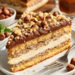 Leckerer Nusskuchen mit Nougatcreme auf einem Teller serviert