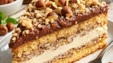 Leckerer Nusskuchen mit Nougatcreme auf einem Teller serviert