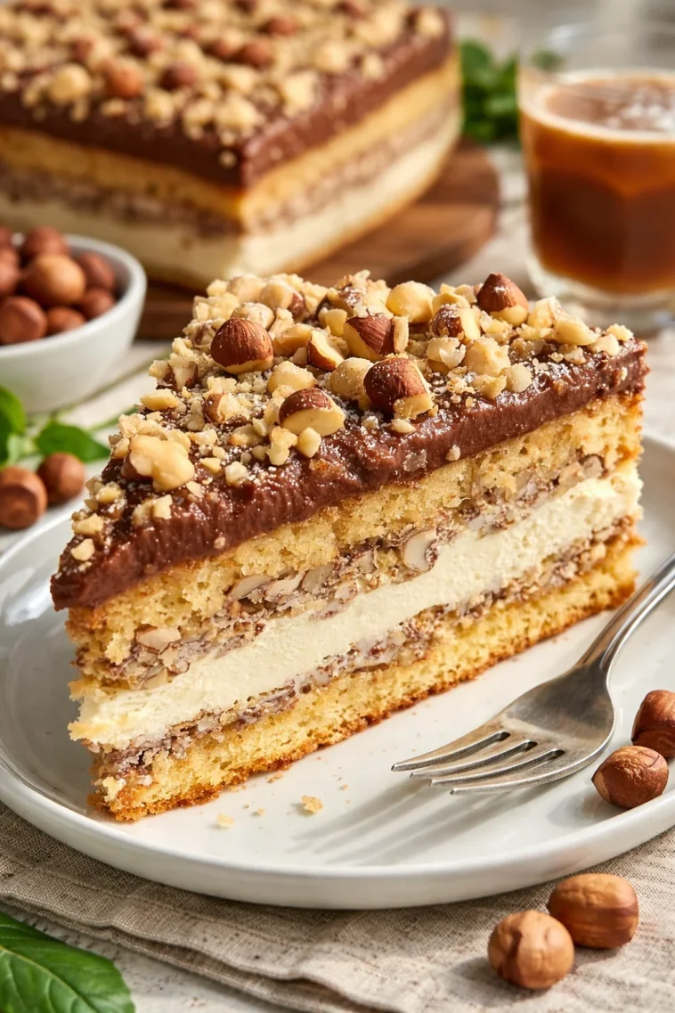 Leckerer Nusskuchen mit Nougatcreme auf einem Teller serviert