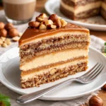 Nusstorte mit luftiger Schokoladenfüllung auf einem Teller