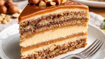 Nusstorte mit luftiger Schokoladenfüllung auf einem Teller