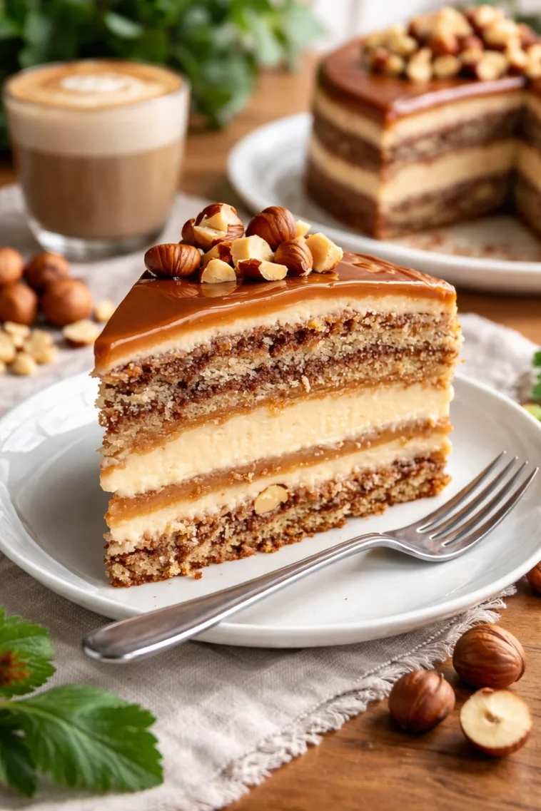 Nusstorte mit luftiger Schokoladenfüllung auf einem Teller