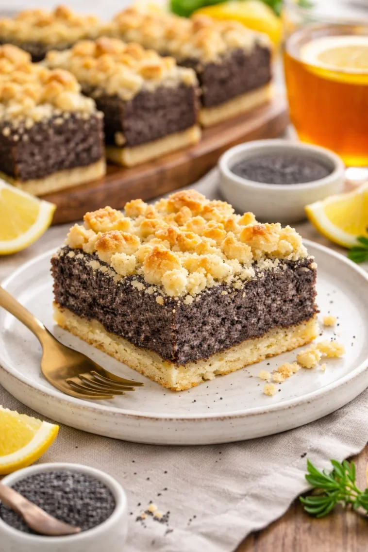 Omas saftiger Mohnkuchen mit Streusel auf einem Teller
