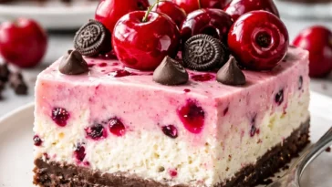 Oreo Cheesecake mit Kirsch und Schokoladenstückchen auf einem Teller