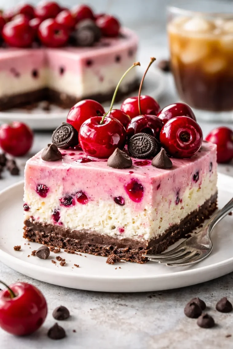 Oreo Cheesecake mit Kirsch und Schokoladenstückchen auf einem Teller