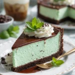 Oreo-Pfefferminz-Käsekuchen mit Crème und Keksboden auf einem Teller