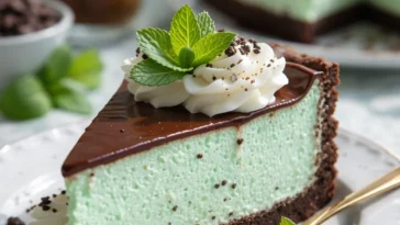 Oreo-Pfefferminz-Käsekuchen mit Crème und Keksboden auf einem Teller