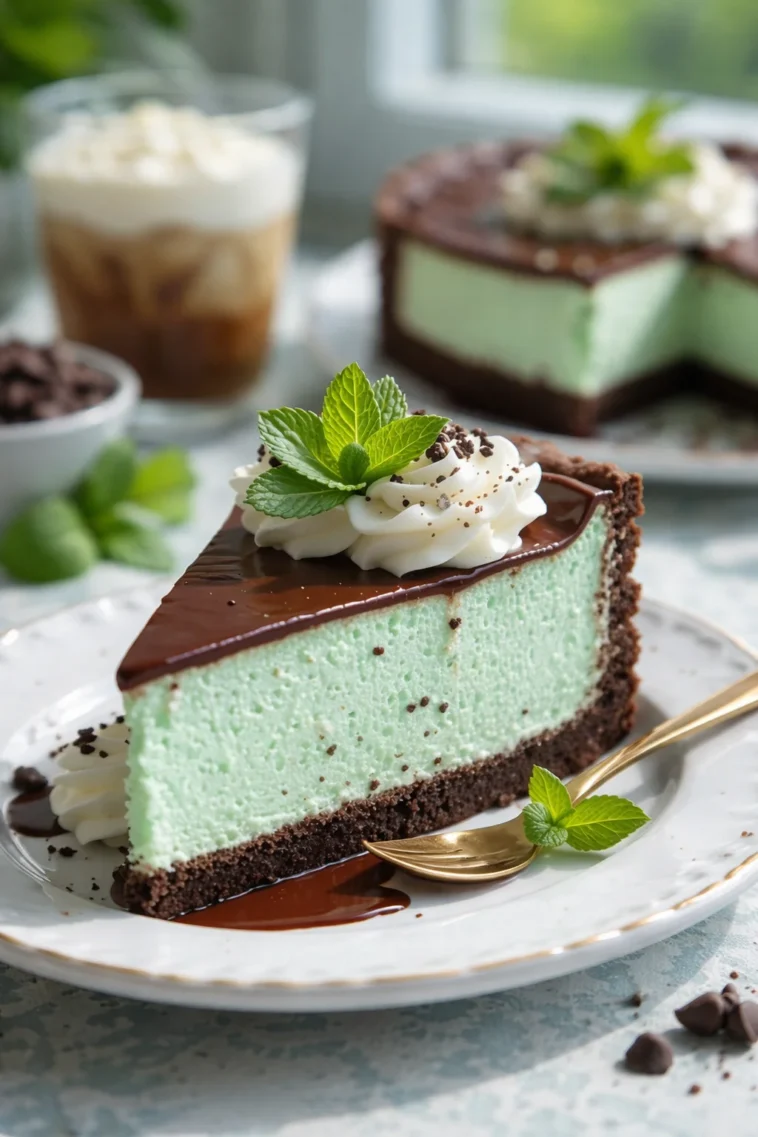Oreo-Pfefferminz-Käsekuchen mit Crème und Keksboden auf einem Teller