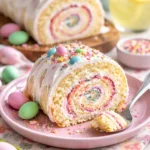 Oster-Kuchenrolle mit buntem Icing und österlichen Dekorationen