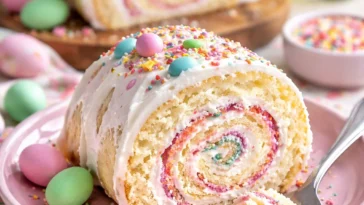 Oster-Kuchenrolle mit buntem Icing und österlichen Dekorationen