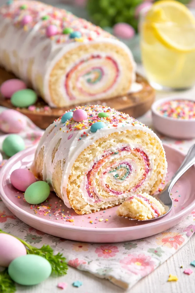 Oster-Kuchenrolle mit buntem Icing und österlichen Dekorationen