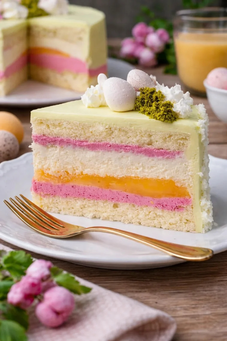 Ostertorte Pfirsich Melba mit frischen Pfirsichen und Sahne