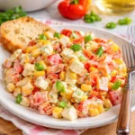 Paprika-Mais-Salat mit Feta und Joghurt auf einem Teller serviert