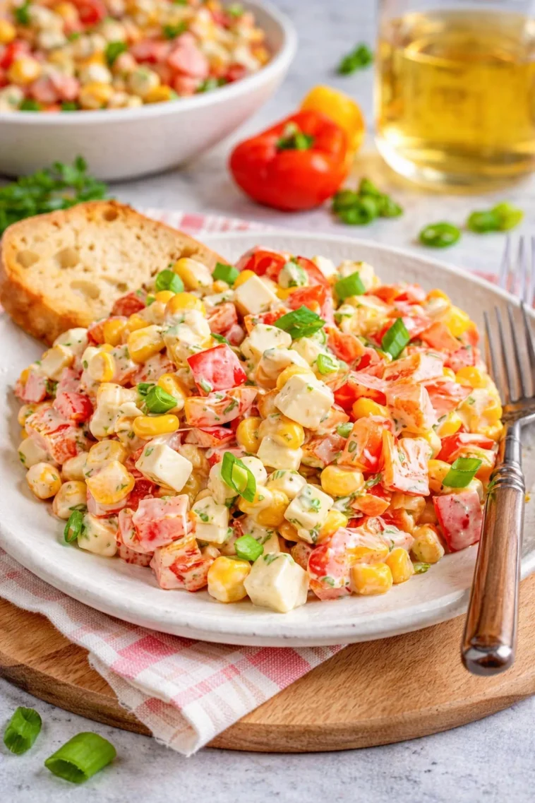 Paprika-Mais-Salat mit Feta und Joghurt auf einem Teller serviert