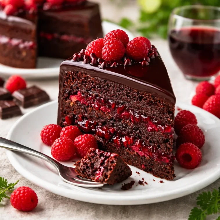 Delizierender Schokoladen-Himbeer-Trüffelkuchen mit frischen Himbeeren